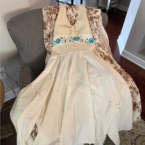 Cream Halter Sundress with Blue Floral Embroidery
